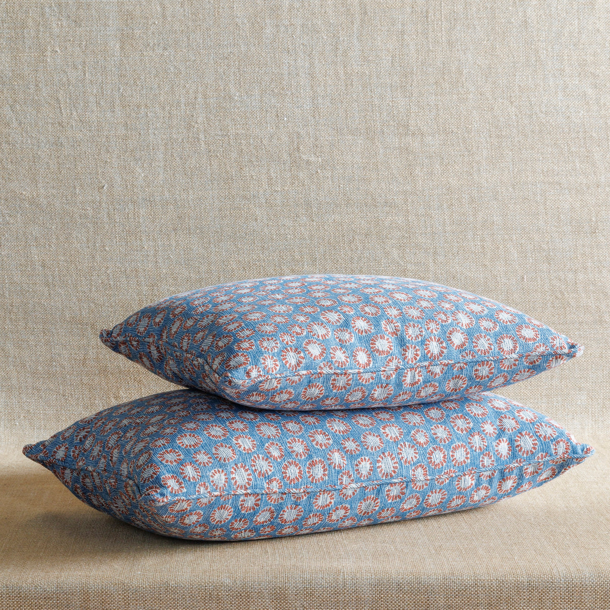 Oblong Cushion in Blue and Red Coral