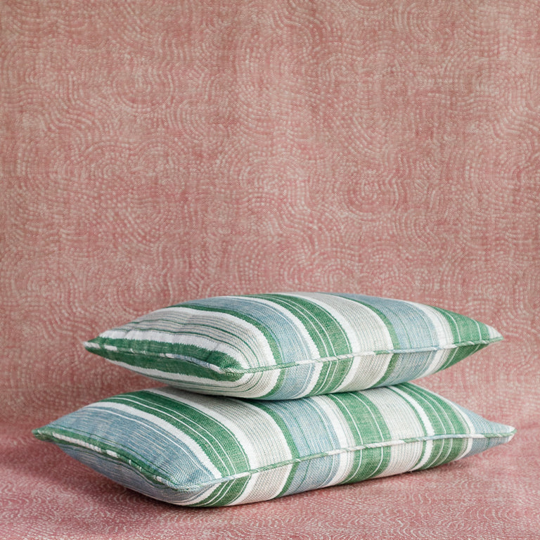 Oblong Cushion in Green and Blue Carskiey Broad Stripe