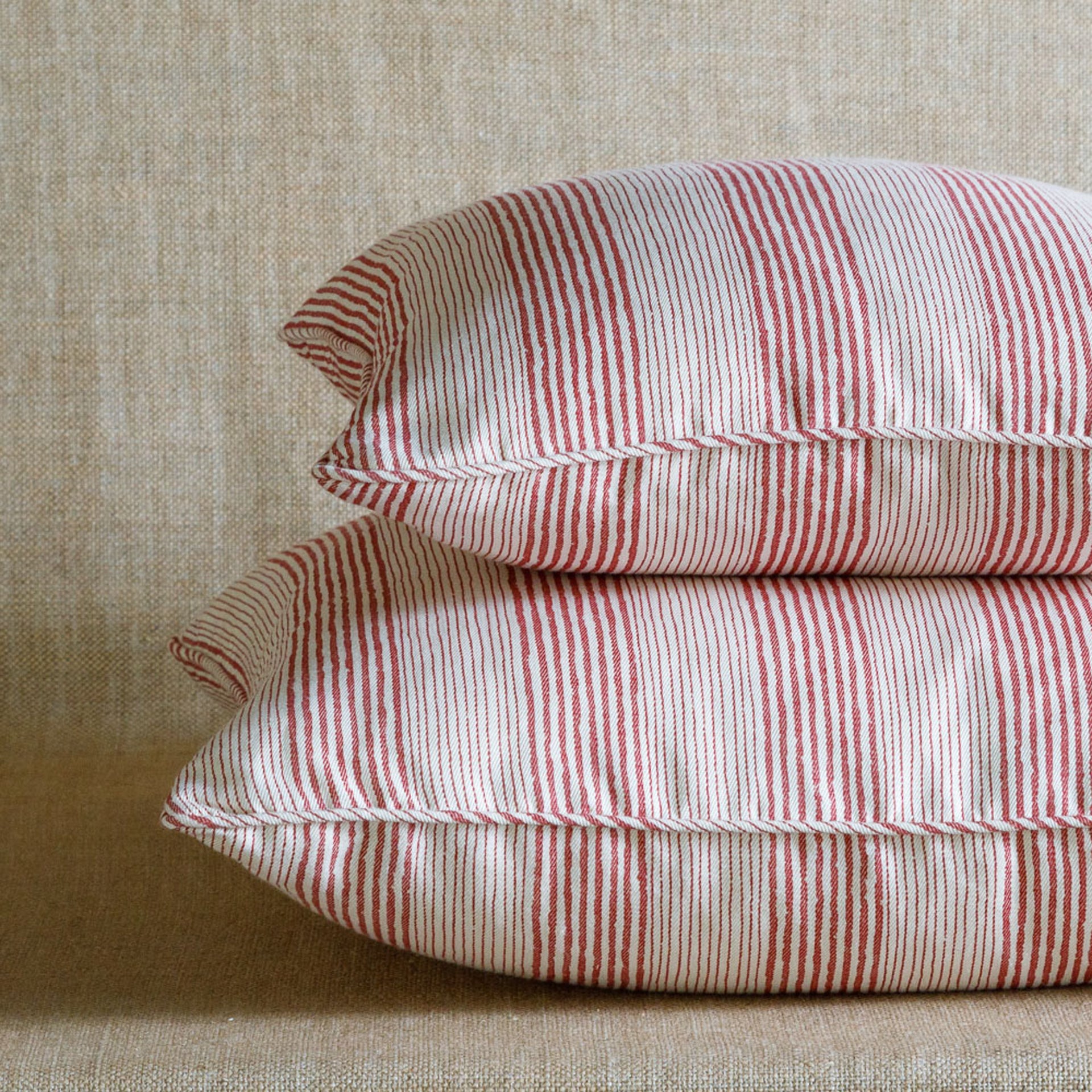 Square Cushion in Red Ticking